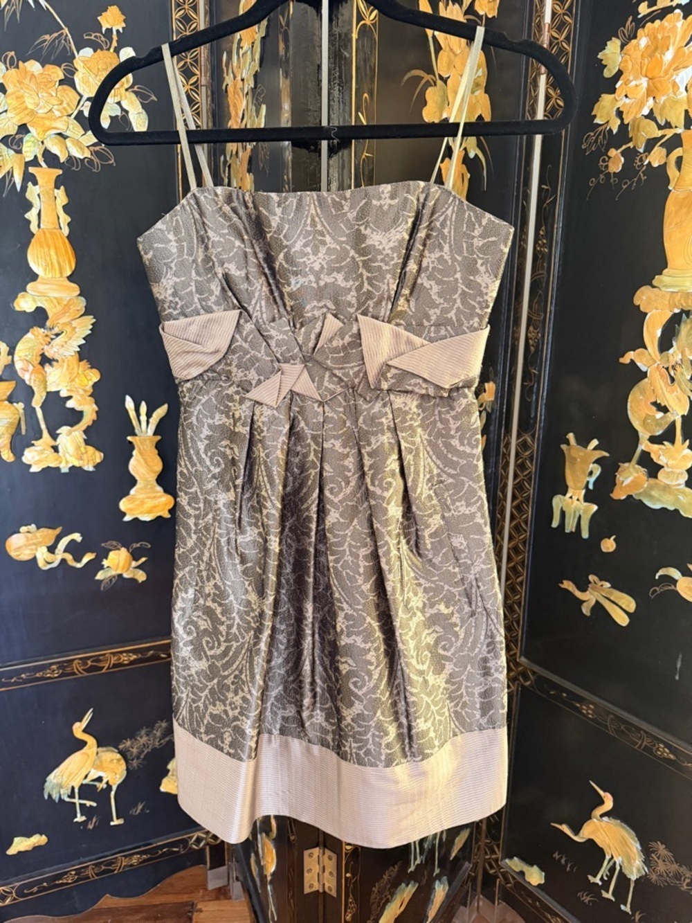 Gray BCBG Silk Lace-Patterned Strapless Party Dress with Contrast Hem